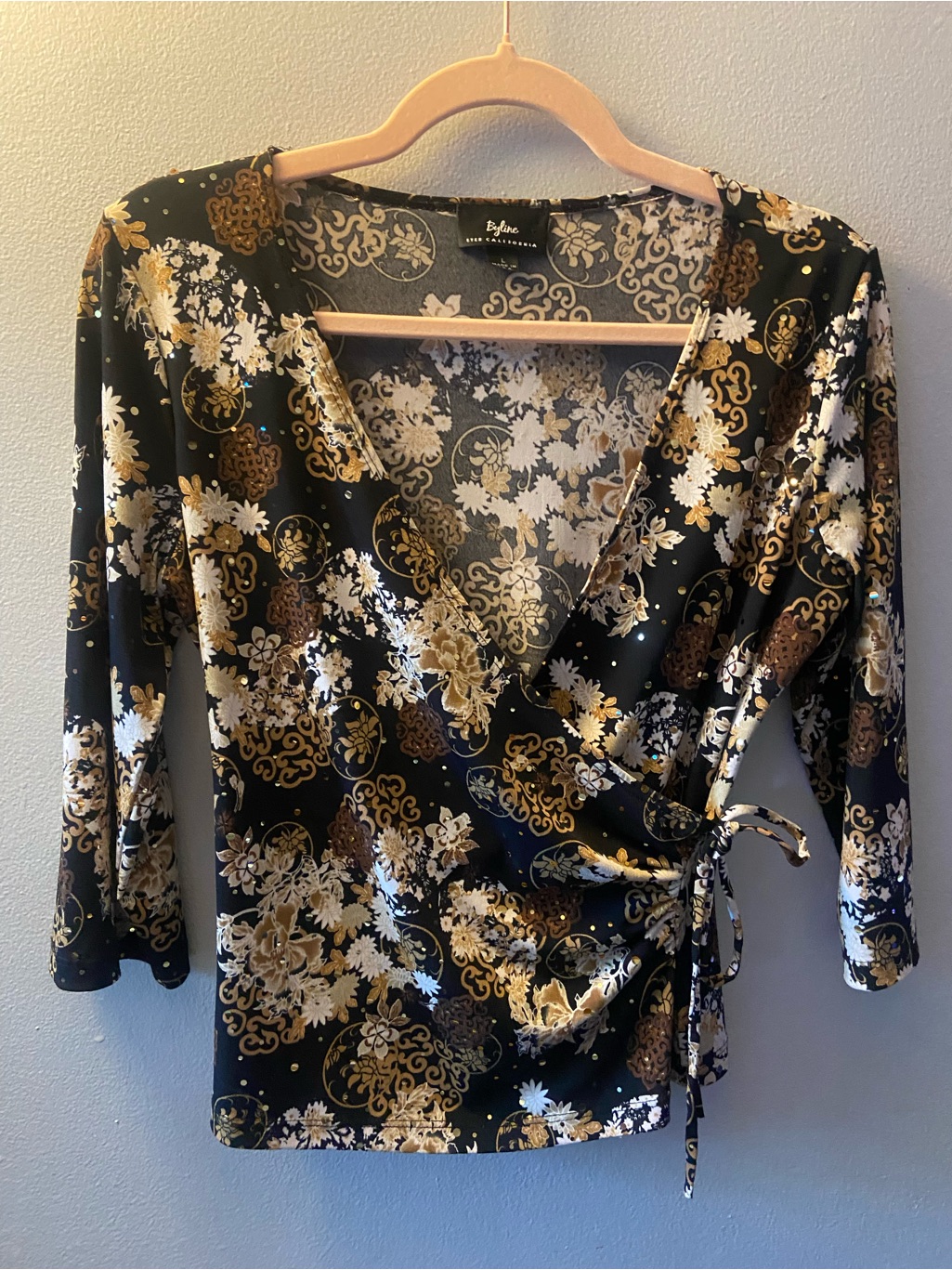 Vintage Byer Wrap Blouse - Black & Gold Floral Print